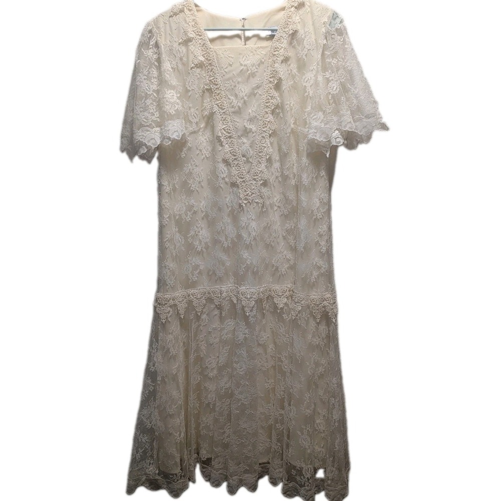 Vintage Gilberti Ivory Lace Dress Coquette Cottagecore Drop Waist Cream Midi XL